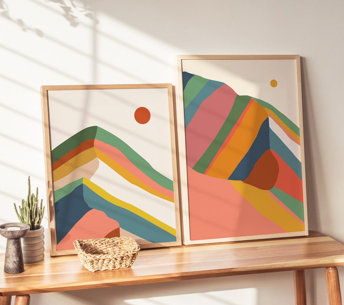 Rainbow Striped Boho Mountain Sunset Peaks Sun Abstract Art Print - Image 2