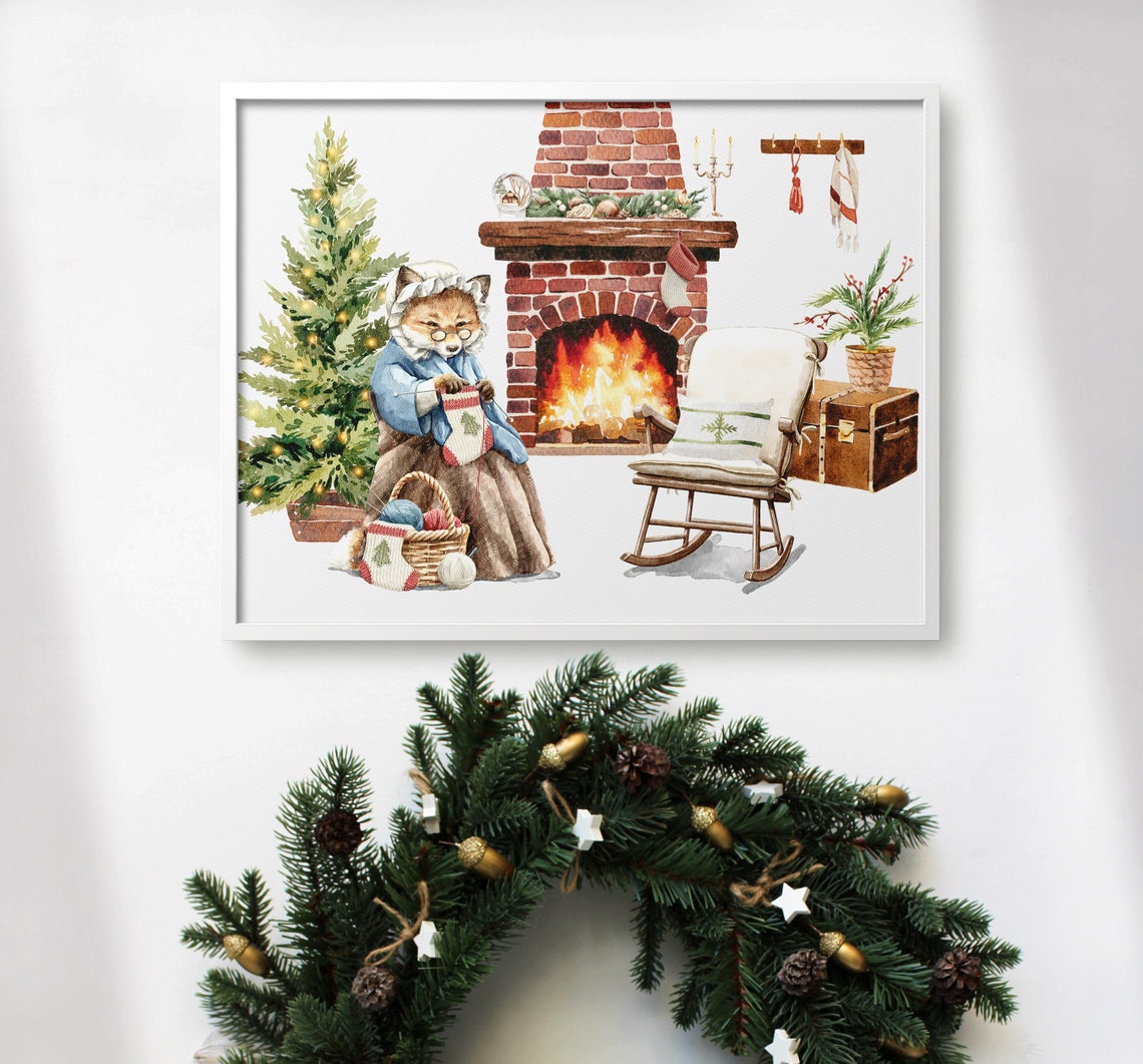 Grandma Cat Knitting By Brick Fireplace Christmas Watercolor Poster - Image 3
