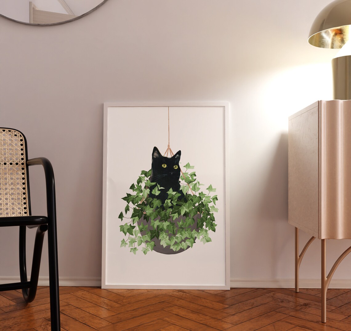 Black Cat and Plant Watercolor Cat Art Print - Image 3