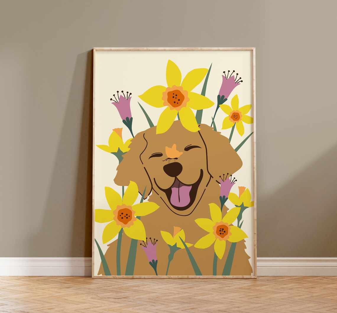 Golden Retriever Daffodil Flowers Happy Dog Smile Floral Art Poster