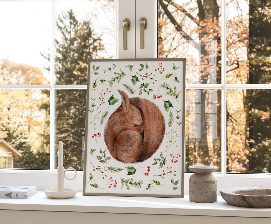 Sleeping Red Squirrel Curled In Botanical Holly Wreath Wall Art - Image 4