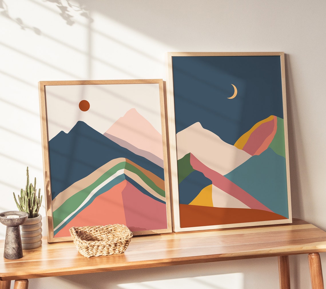 Layered Rainbow Mountain Sun Boho Abstract Landscape Art Print - Image 2