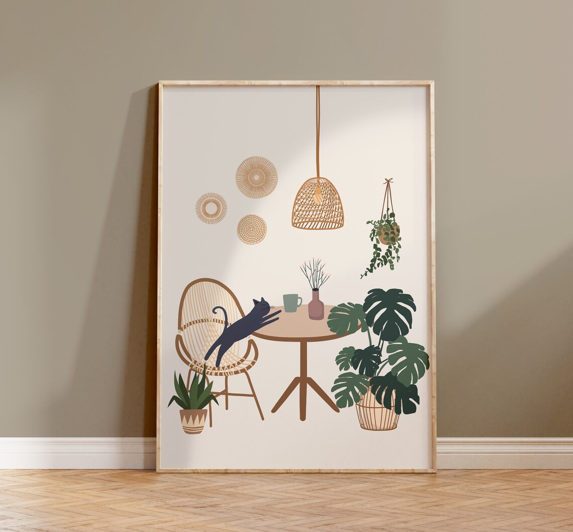 Cat and Plant Illustration Art Print, Cozy Decor