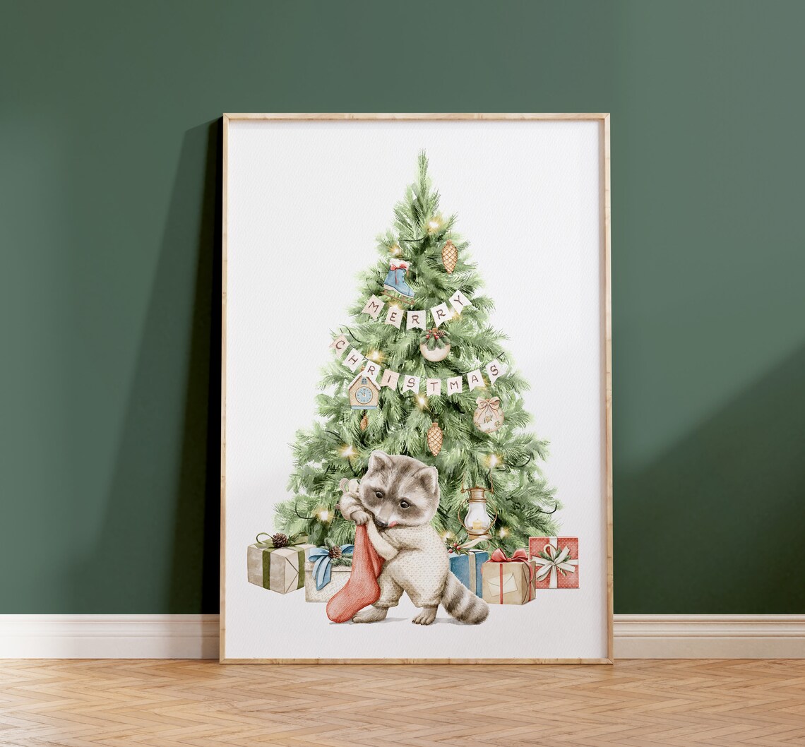 Christmas Wall Art Christmas Wall Art Winter Poster Christmas Watercolor Christmas Print Cozy Winter Art Raccoon Art