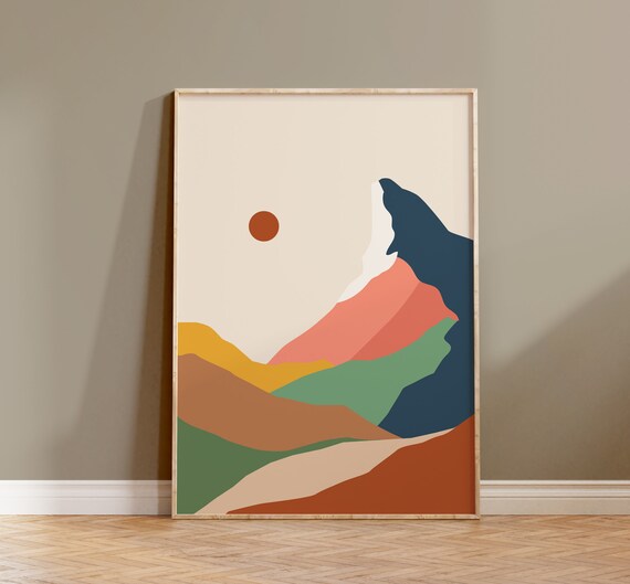 Boho Mountain Sun Wall Art Landscape Poster Color Block Mountain Art Modern Scenery Art Living Room Wall Decor Sunrise Poster