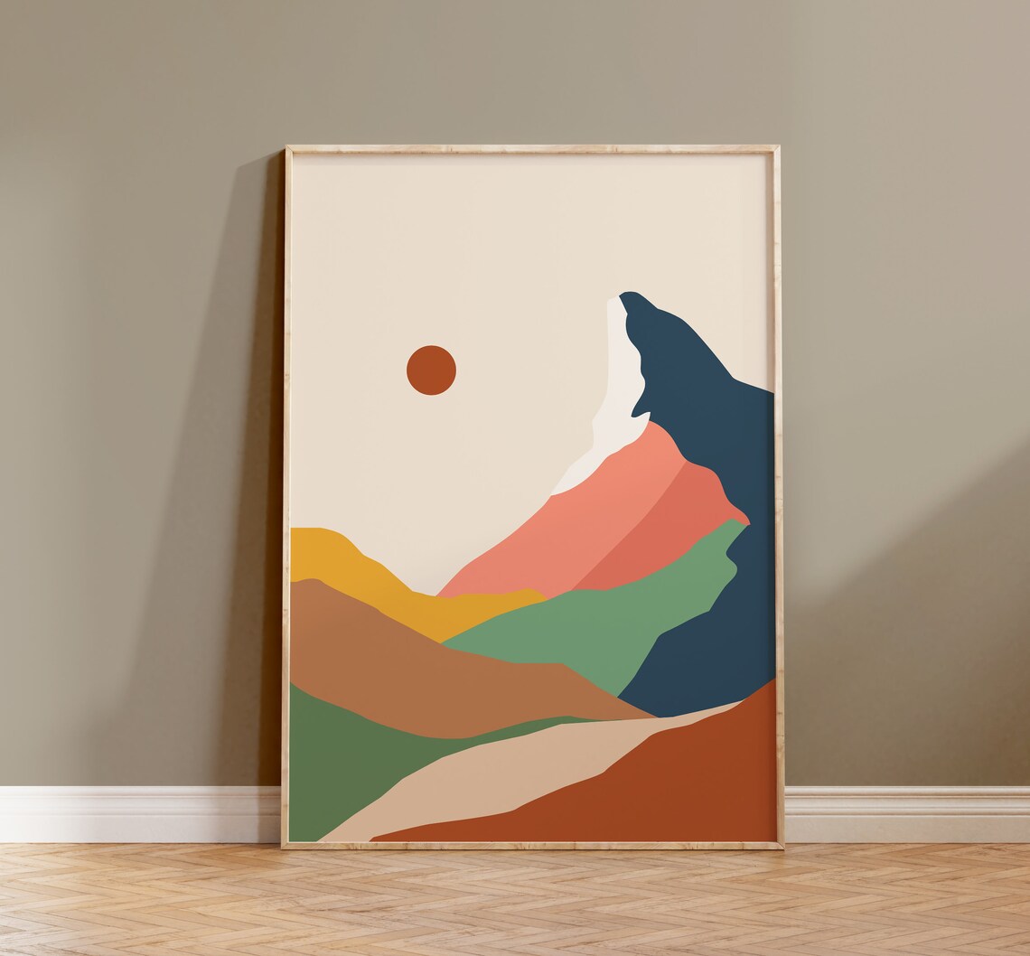 Golden Sunrise Color Block Mountain Peaks Boho Abstract Art Print