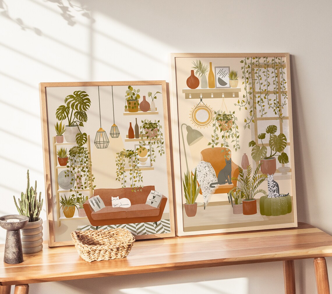 Cats and House Plants Boho Cat Art Print - Image 2