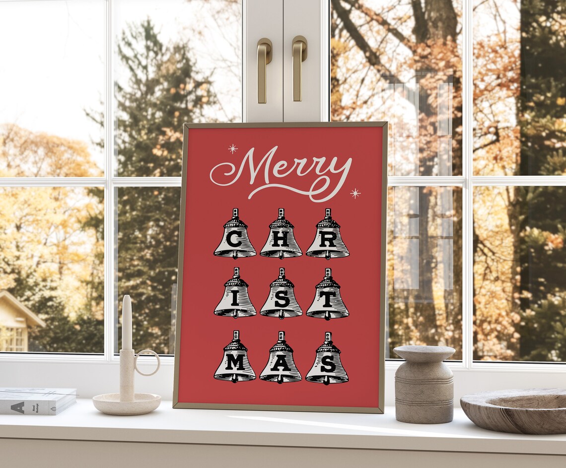 Merry Christmas Letter Bells Red Vintage Holiday Greeting Wall Art - Image 4