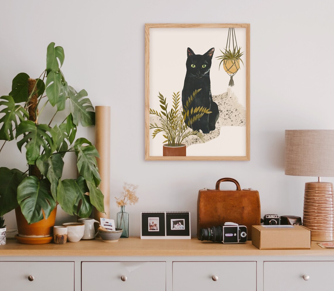 Black Cat and Plants Watercolor Cat Art Print - Image 3