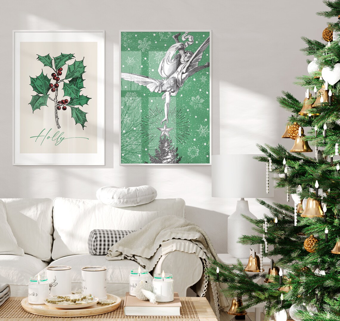 Vintage Angel Placing Star Atop Christmas Tree Green Wall Art - Image 2