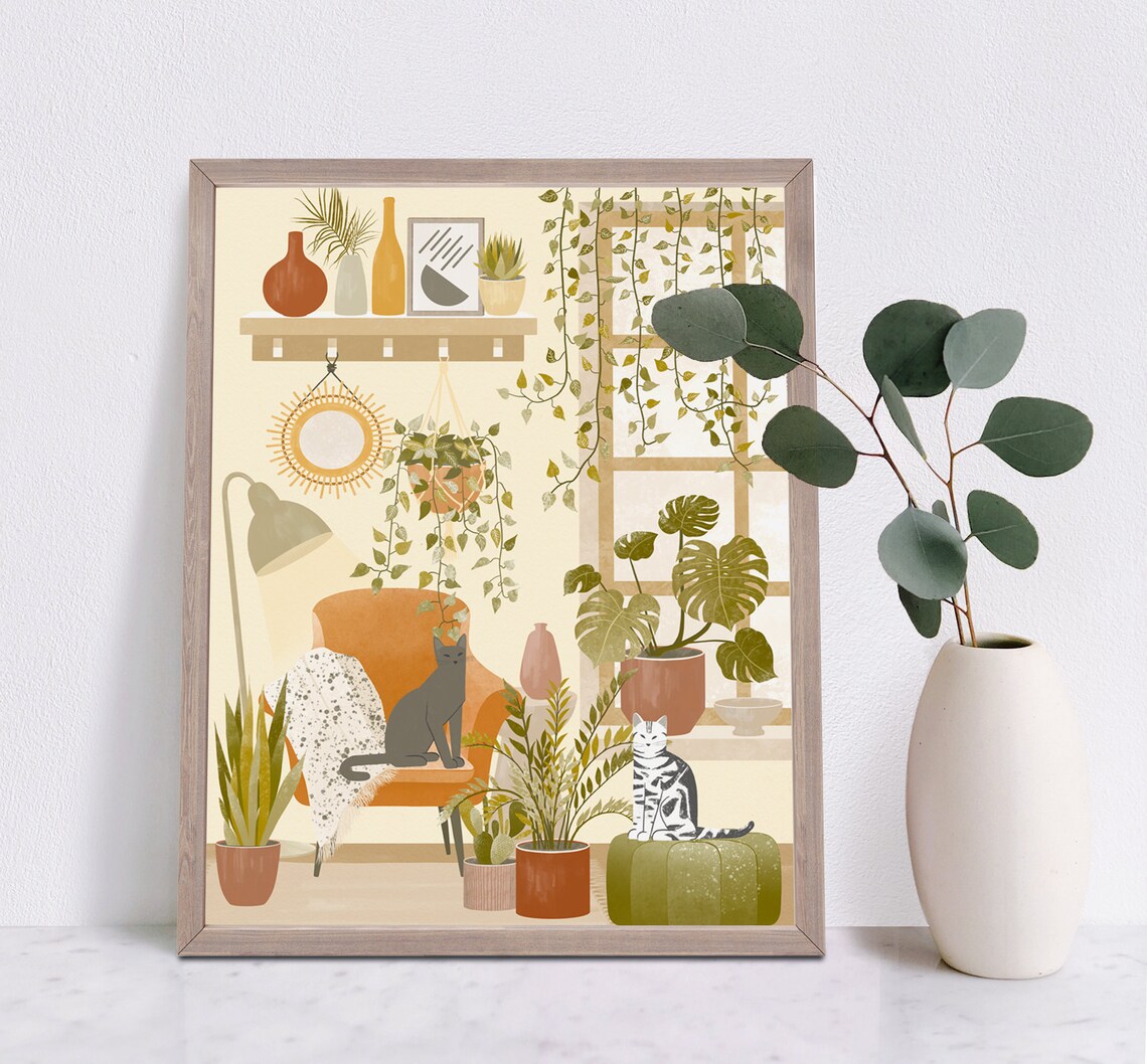 Cats and House Plants Boho Cat Art Print - Image 3