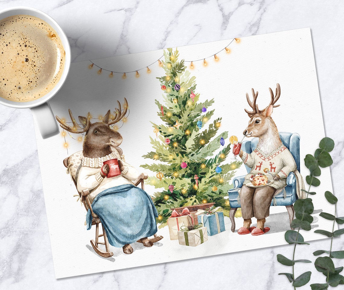 Cozy Reindeer Pair Sharing Cocoa Beside Christmas Tree Wall Art - Image 4