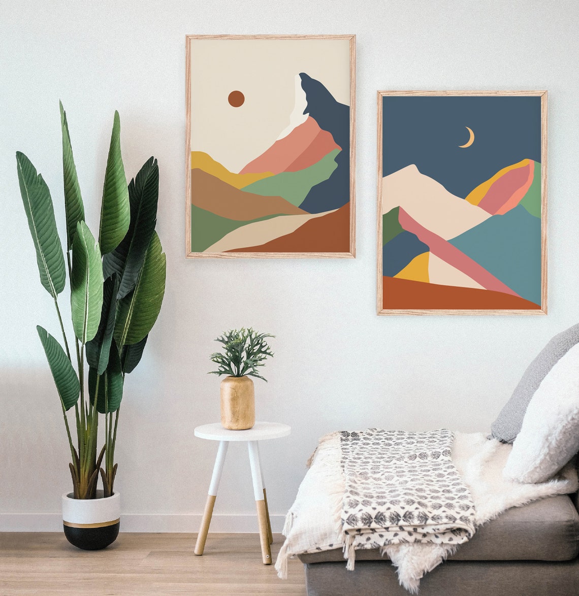 Golden Sunrise Color Block Mountain Peaks Boho Abstract Art Print - Image 2