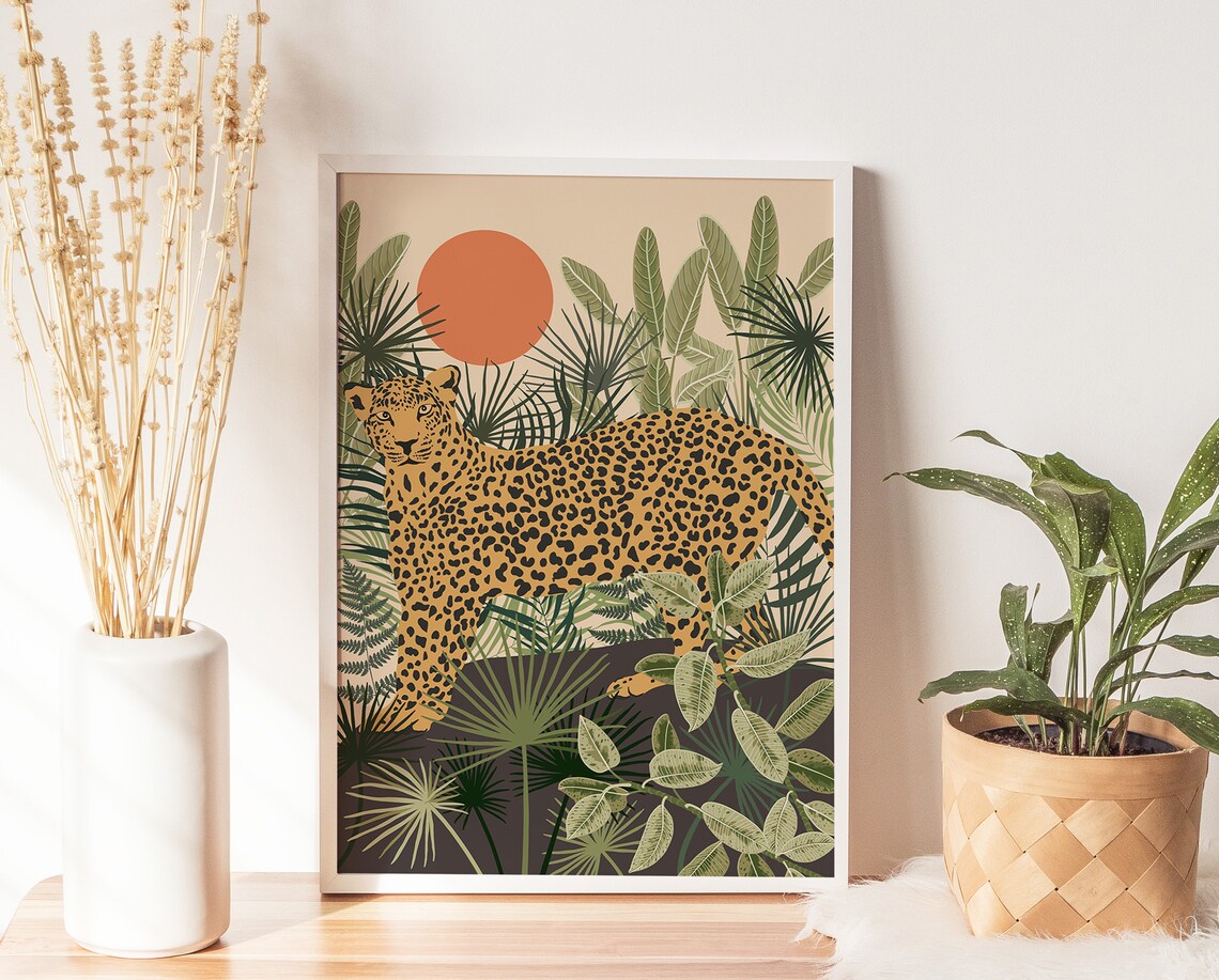 Leopard Wall Art, Boho Leopard and Tropical Plant Art Print