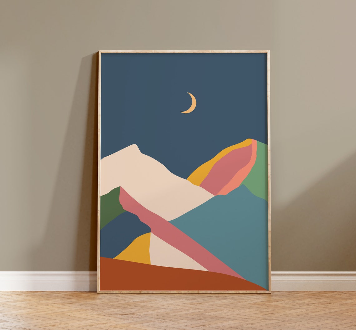Night Sky Crescent Moon Mountain Abstract Color Block Art Print