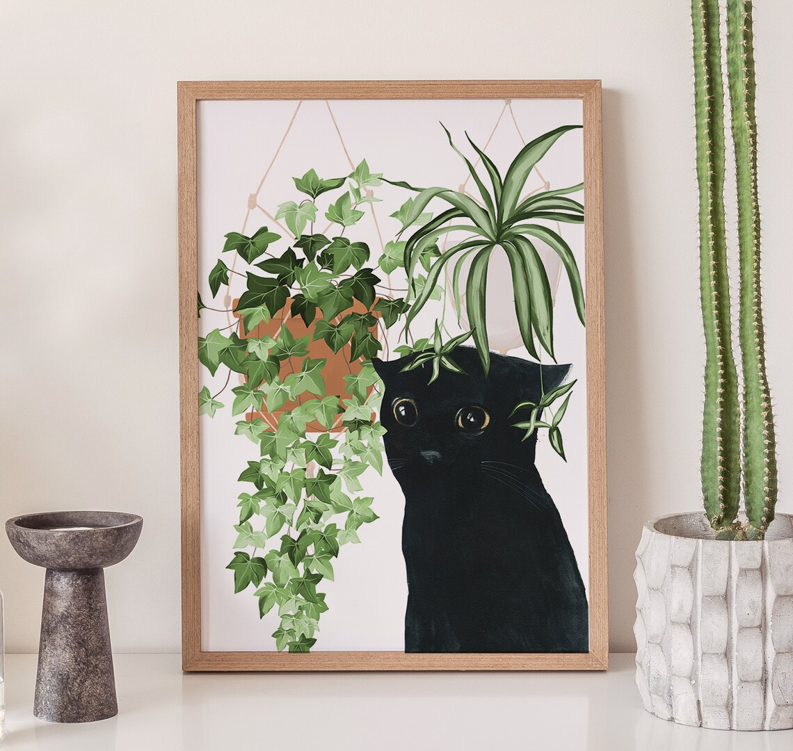 Black Cat Plants Watercolor Cat Lover Art Print - Image 3