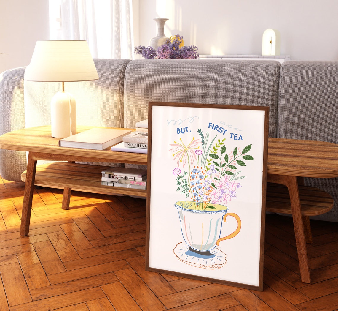 But First Tea Floral Teacup Hand Drawn Colorful Kitchen Decor Poster - Image 3