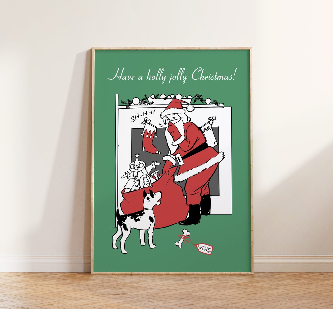 Retro Santa And Puppy Share Holly Jolly Christmas Green Wall Art