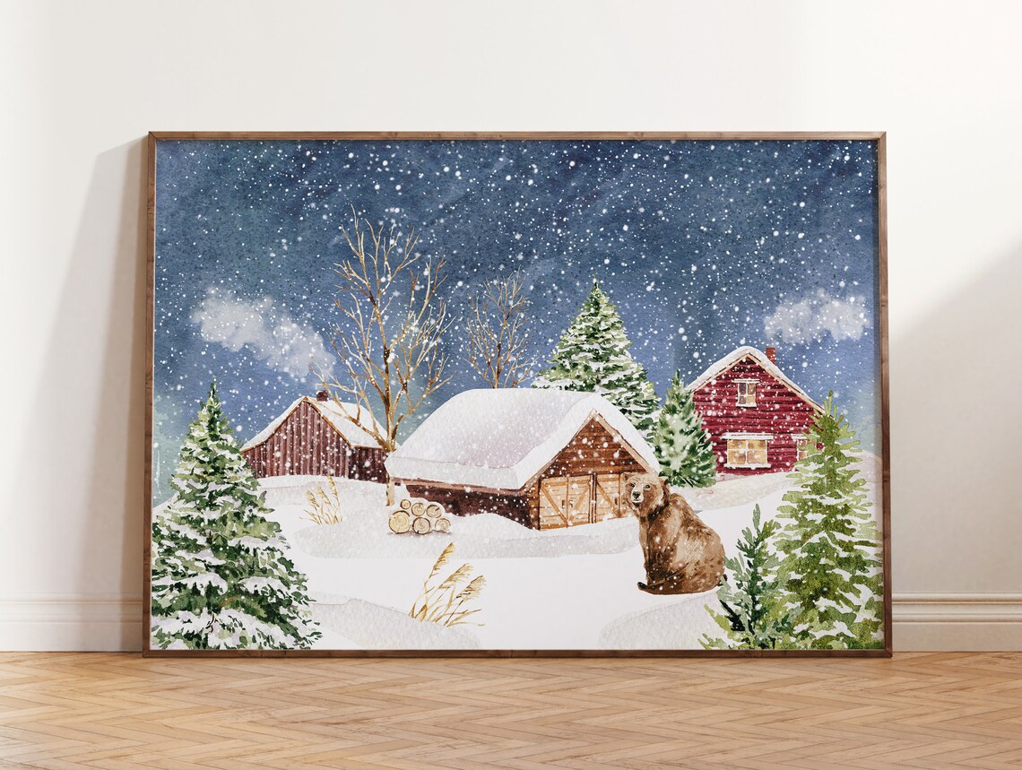 Brown Bear In Snowy Farm Scene With Red Barn Watercolor Poster