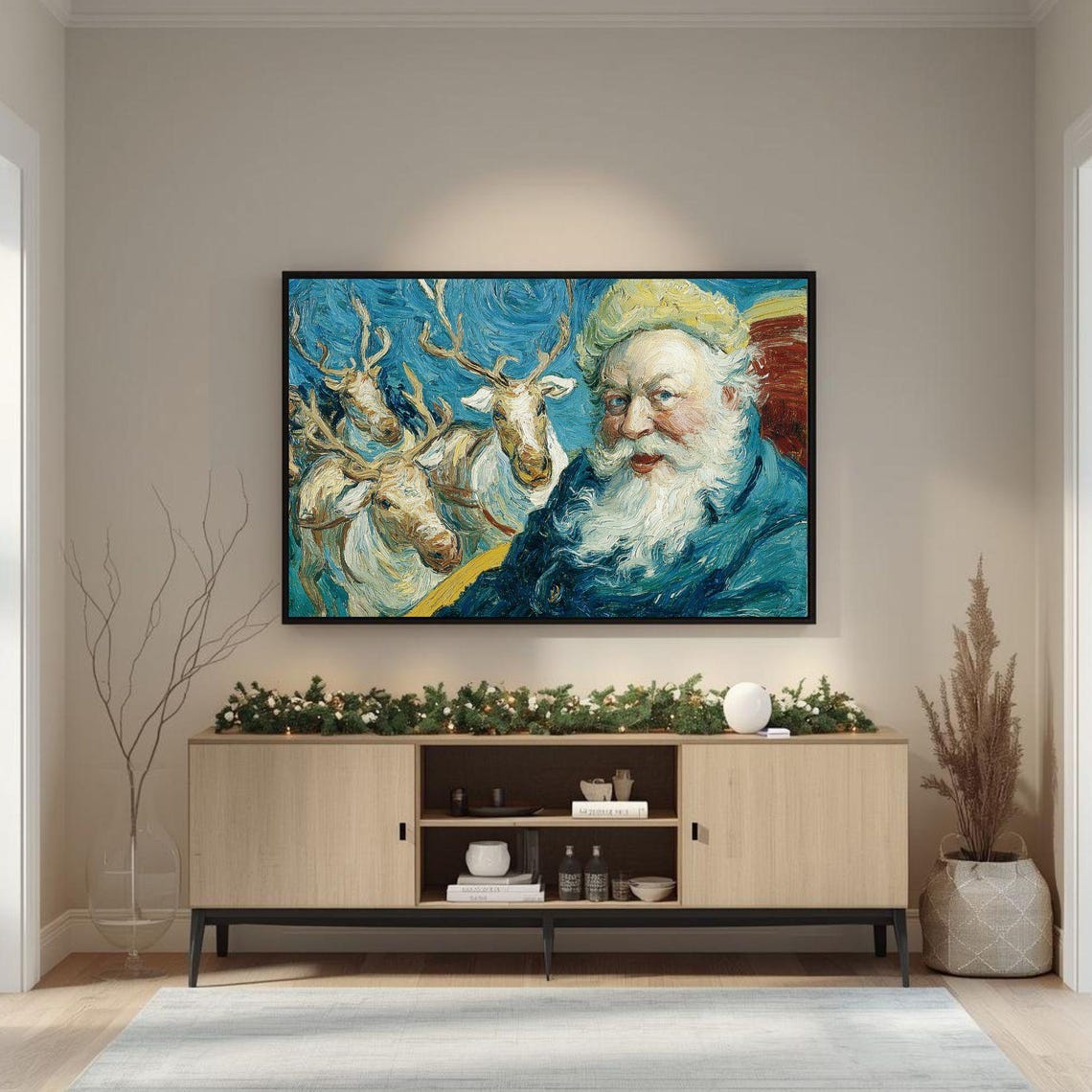Santa Claus Reindeer Sleigh Starry Night Holiday Christmas Wall Art