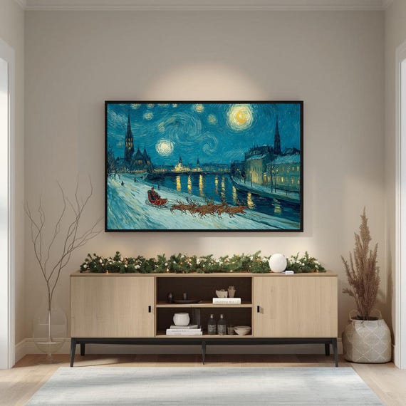 Santa Sleigh Over Snowy Village Starry Night Christmas Wall Art