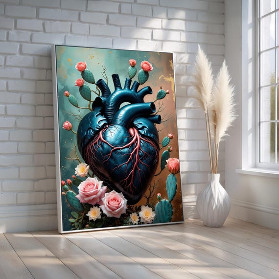 Anatomical Heart Wall Art Surreal Canvas Or Poster With Roses And Cactus Painting Symbolic Botanical Decor Ready To Hang