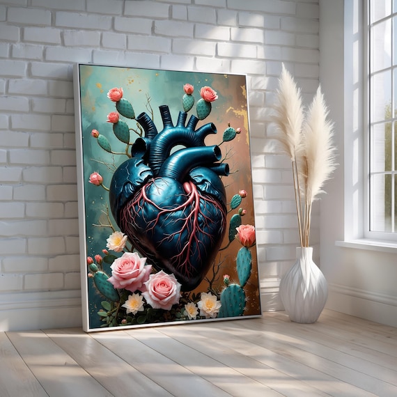 Anatomical Heart with Roses and Cacti Surreal Botanical Art Poster
