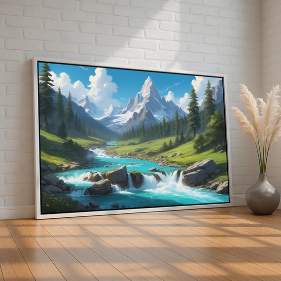 Mountain River Waterfall Wall Art Scenic Nature Landscape Canvas Or Poster Rustic Lodge Cabin Decor For Home Ready To Hang
