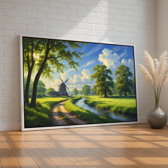 Countryside Windmill Landscape Poster Serene River Meadow Scene Rustic Farmhouse Canvas Wall Art Nature Decor Ready To Hang
