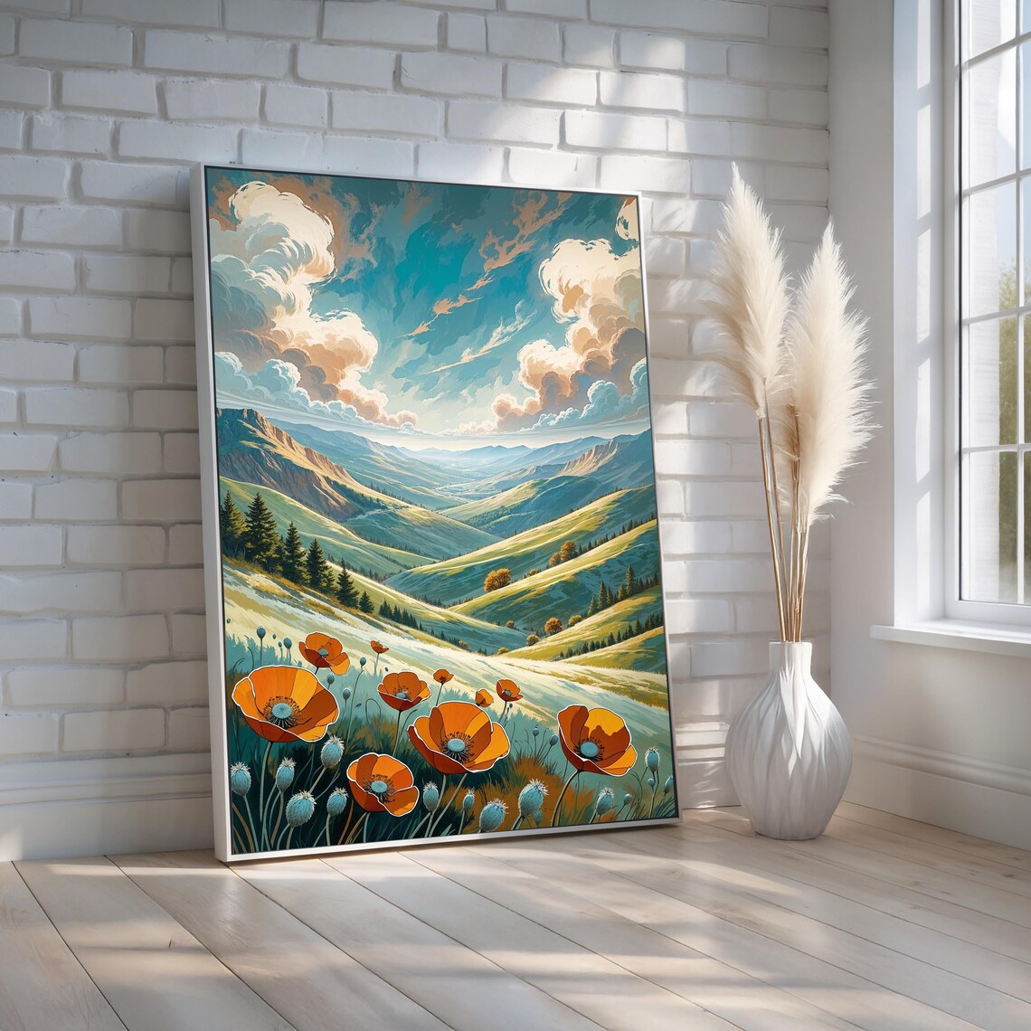 Orange Poppy Field Mountain Valley Illustrated Nature Art Poster