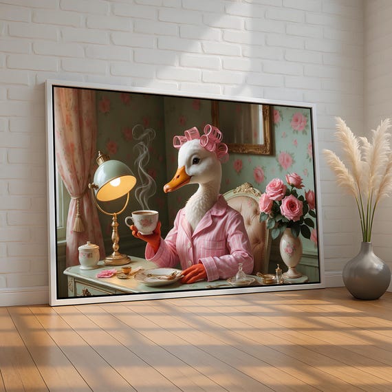 Elegant Duck In Pink Pajamas Funny Animal Canvas Poster Wall Art Whimsical Tea Time Decor For Kitchen Or Living Room Ready To Hang