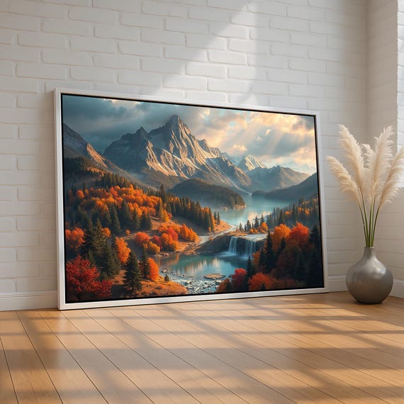 Autumn Mountain Landscape Wall Art Waterfall Fall Forest Canvas Print Serene Nature Decor For Cabin Or Home Ready To Hang