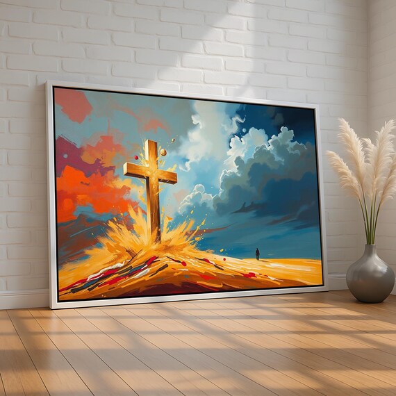 Abstract Christian Cross Canvas Explosive Modern Faith Wall Art Bold Religious Painting With Symbolism Of Sacrifice Ready To Hang