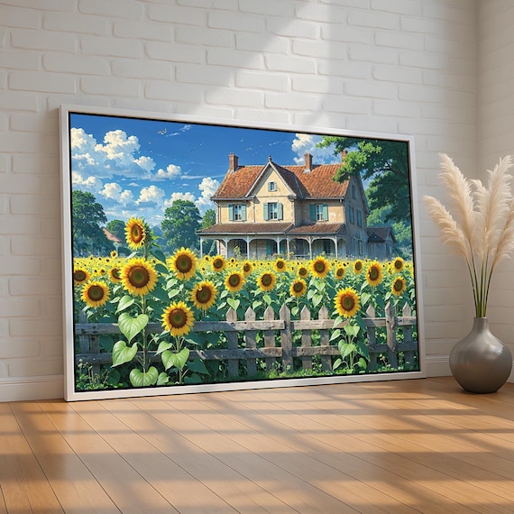 Sunflower Field Farmhouse Summer Vintage Countryside Oil Painting Poster