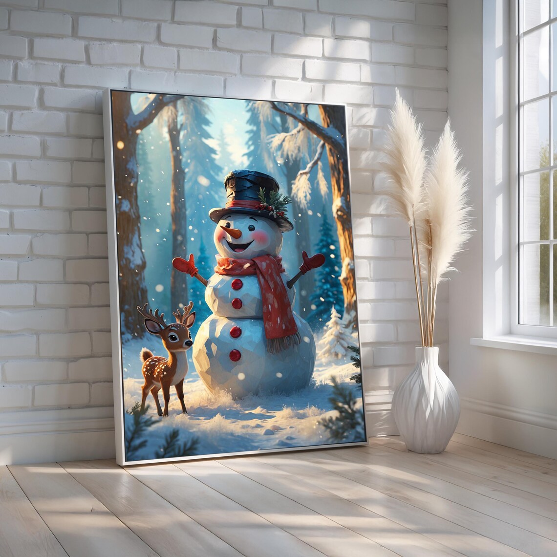 Smiling Snowman with Baby Deer in Snowy Winter Forest Art Poster