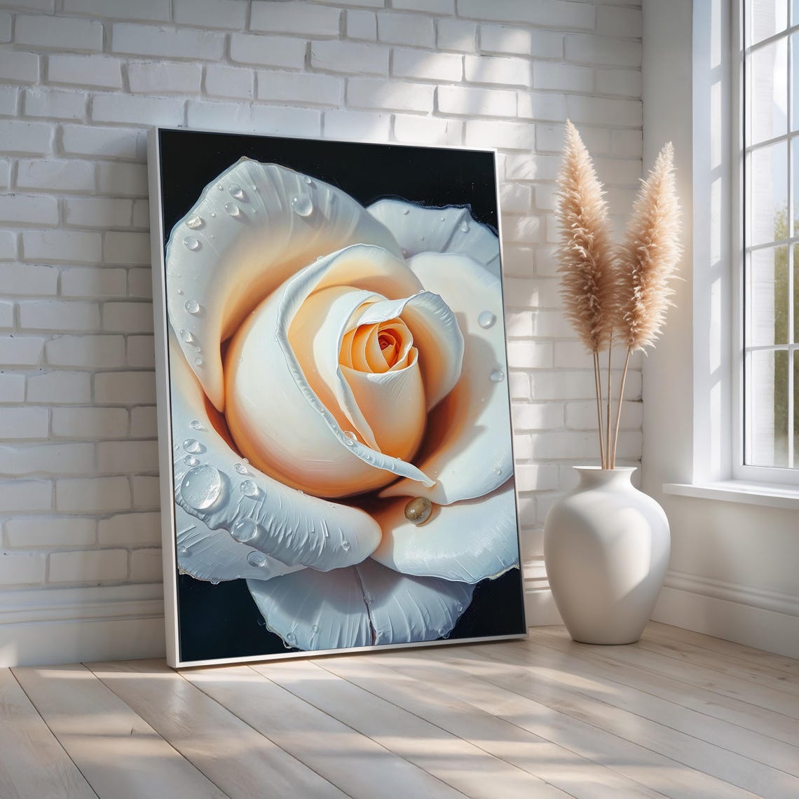 White Rose Macro Dewdrop Petals Hyperrealistic Floral Black Art Poster