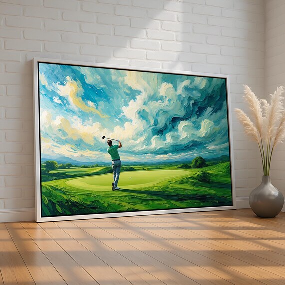 Golfer Swinging Green Fairway Swirling Dramatic Sky Painting Wall Art