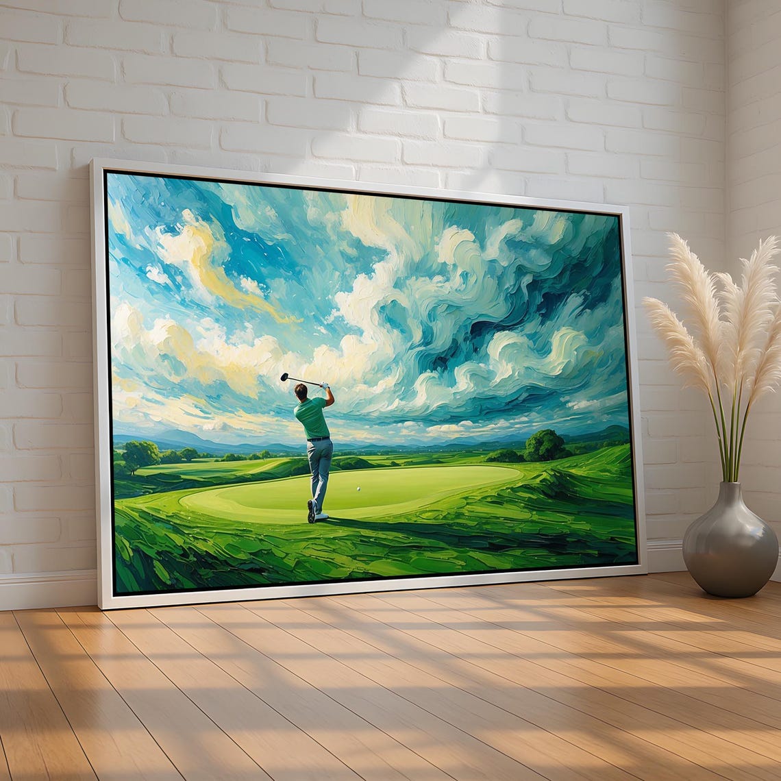 Golfer Swinging Green Fairway Swirling Dramatic Sky Painting Wall Art