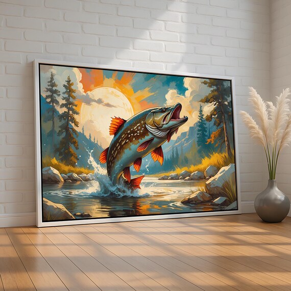 Jumping Northern Pike Vibrant Fishing Sunset River Fish Poster
