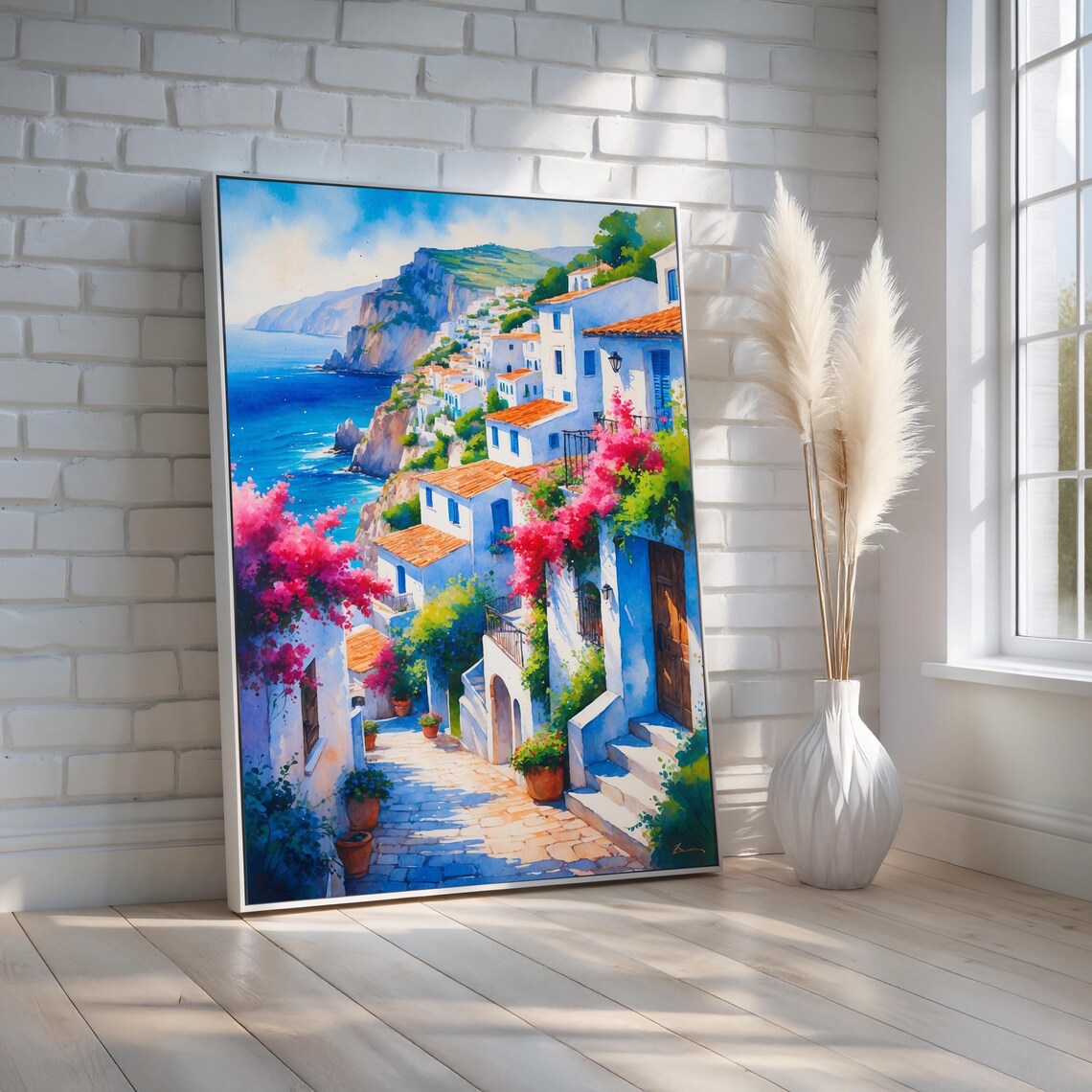 Mediterranean Coastal Village Bougainvillea Watercolor Art Poster
