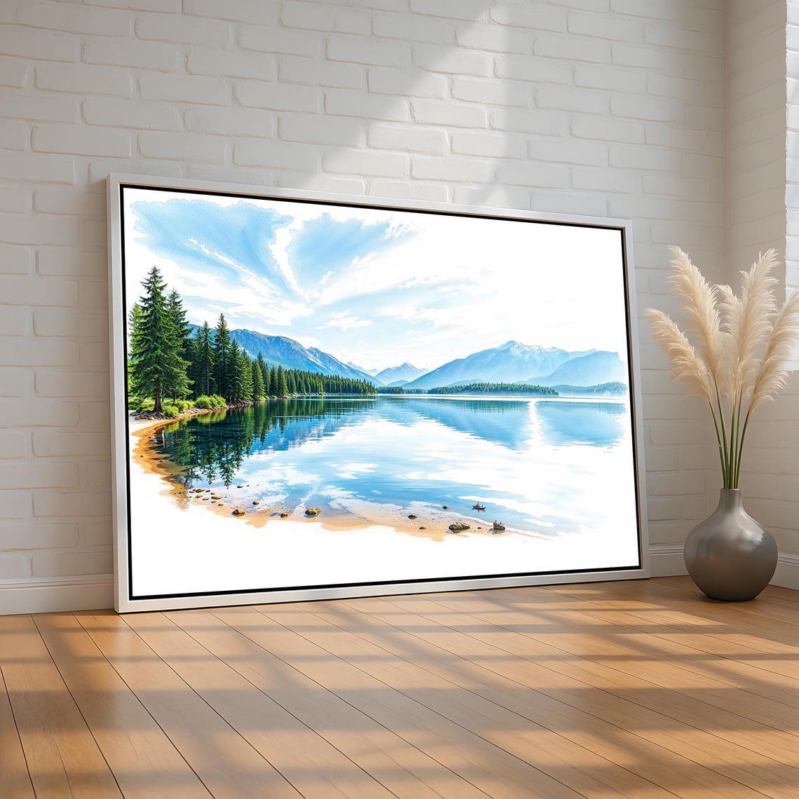 Mountain Lake Reflection Pine Shore Watercolor Landscape Poster