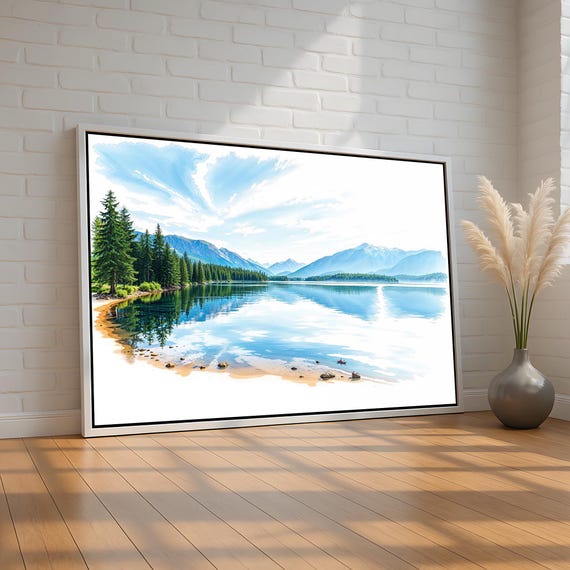 Mountain Lake Reflection Wall Art Serene Forest Landscape Canvas Print Peaceful Nature Scene For Cabin Or Home Decor Ready To Hang