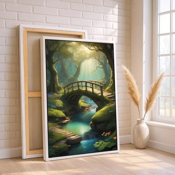 Mystical Forest Bridge Wall Art Enchanted Nature Scene Tranquil Stream Canvas Poster For Living Room Or Nursery Ready To Hang