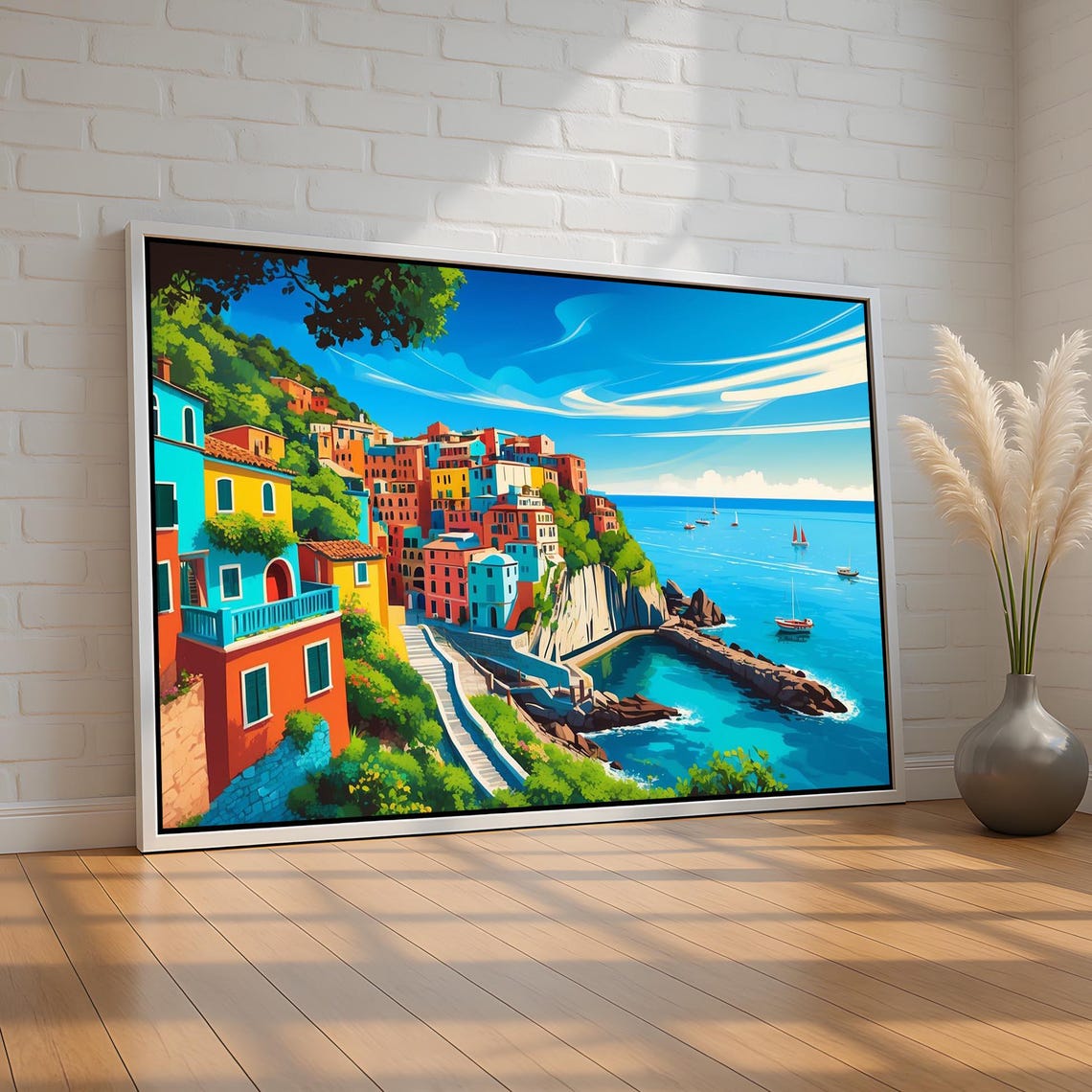 Colorful Coastal Village on Cliffs Mediterranean Seaside Wall Art