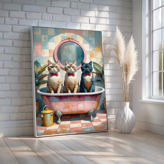 Funny Cat Wall Art Canvas Poster Three Cats In Bow Ties Vintage Bathtub Whimsical Pet Decor For Lovers Ready To Hang