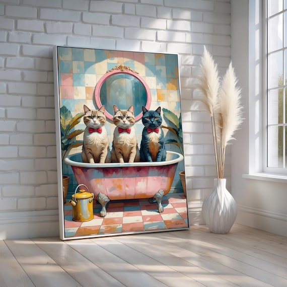 Three Cats in a Pink Bathtub Wearing Bow Ties Funny Pet Poster