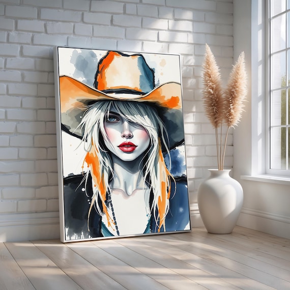 Cowgirl Portrait Watercolor Bold Western Woman With Orange Hat Poster