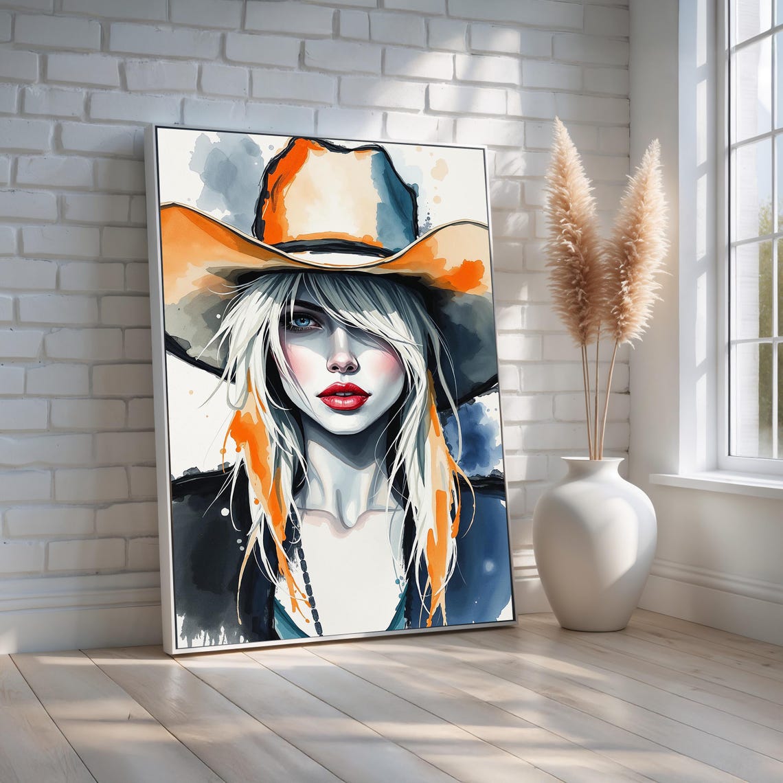Modern Cowgirl Portrait Wall Art Bold Western Watercolor Poster Country Glam Canvas With Blonde Woman In Hat Ready To Hang