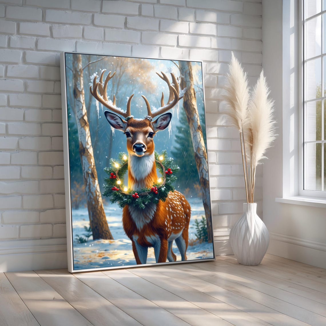 Christmas Buck Deer Wreath Lights Snowy Forest Holiday Poster