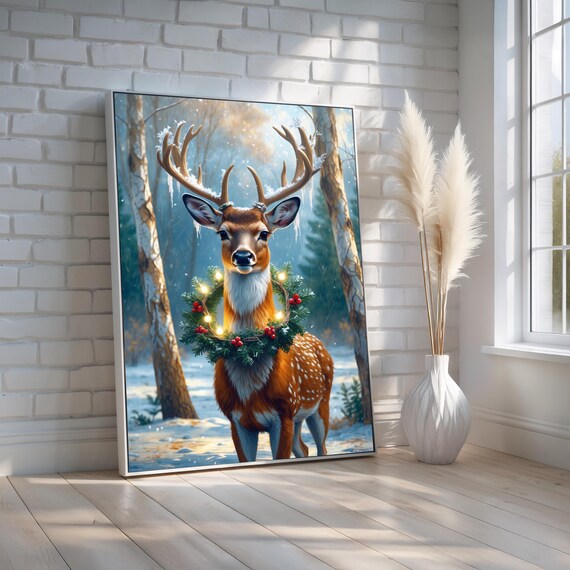Christmas Buck Deer Wreath Lights Snowy Forest Holiday Poster